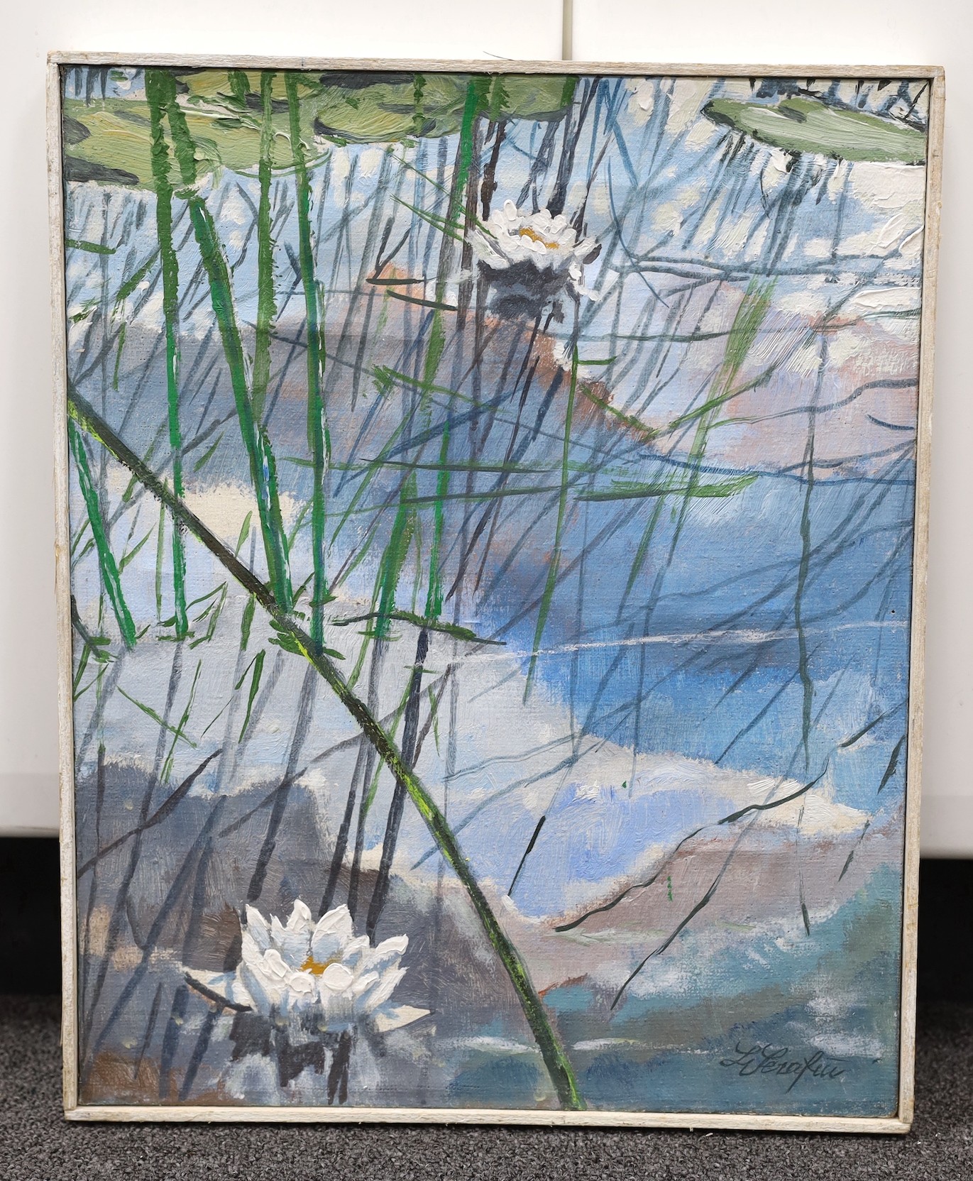 Lidia Serafin (1942-), oil on canvas, Waterlilies, signed with label verso, 41 x 33cm